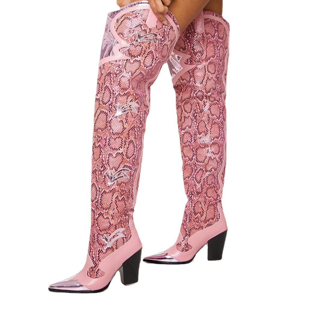 Fashion Sexy Snake Print Pointed Toe Thick Heel High Heel Boots Women